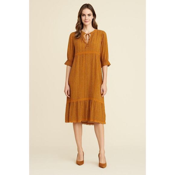 POL Dresses & Skirts - New POL Oversized Mustard Print Dress Women’s  Style Lace Trim Small
